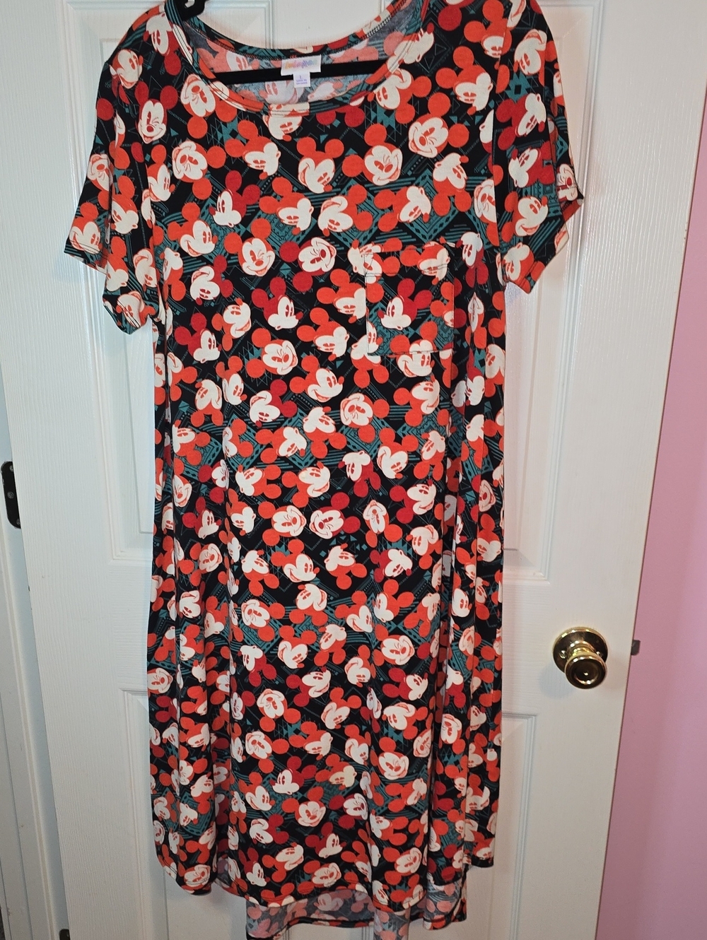 LuLaRoe Disney Black Dress with Coral, Cream & Teal Mickey Mouse Print